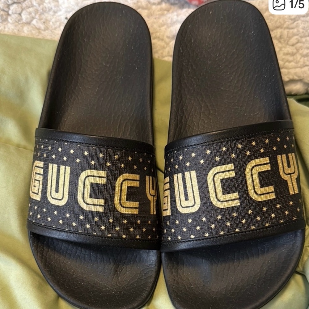 Gucci Black Slides with Gold Accents - Picture 1 of 5